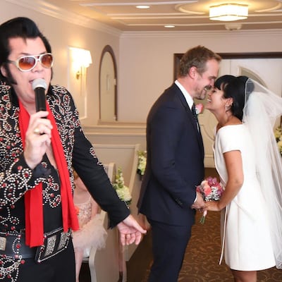 British singer Lily Allen married David Harbour in front of an Elvis Presley impersonator at the Graceland Chapel Las Vegas in September, 2020. Instagram / Lily Allen