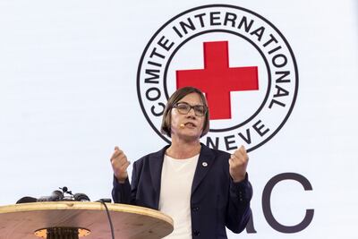Red Cross president Mirjana Spoljaric speaks at a press conference marking the 75th anniversary of the Geneva Conventions. EPA