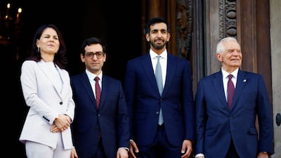 From left, German Foreign Minister Annalena Baerbock, French Foreign Minister Stephane Sejourne, Sheikh Shakhbout bin Nahyan, UAE Minister of State, and EU foreign policy chief Josep Borrell at an international conference on Sudan at the Quai d'Orsay in Paris. AFP