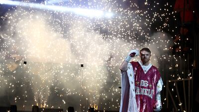 Canelo Alvarez makes his ring walk before his WBA light heavyweight title fight against Dmitry Bivol at T-Mobile Arena.