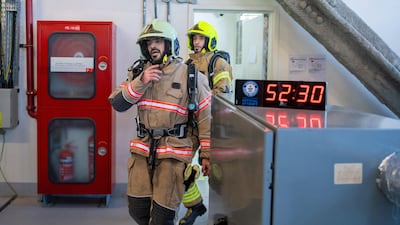 Firefighters in full gear during their record climb of Burj Khalifa. Photo: Dubai Media Office