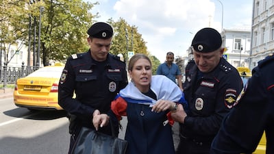 Police officers detain an opposition politician Lyubov Sobol, one of the candidates barred from elections to Moscow City Duma, the capital's regional parliament, before a rally in Moscow, Russia July 27, 2019. Reuters