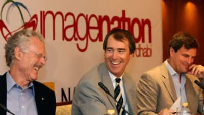 Edward Borgerding, CEO of ADMC and Imagenation, centre, with Jake Eberts, left, and Tim Kelly, right, from National Geographic at a press conference to announce the joint venture.