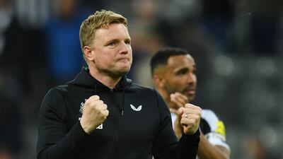 Manager Eddie Howe celebrates after Newcastle's Premier League victory over Brighton at St James' Park on May 18, 2023. AFP