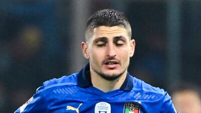 Italy's midfielder Marco Verratti reacts at the end of their shock qualifying play-off defeat at home to North Macedonia. AFP
