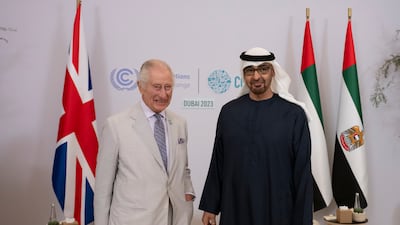 President Sheikh Mohamed meets King Charles III at Expo City Dubai during the Cop28 summit. Presidential Court
