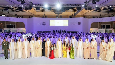 Sheikh Mohammed bin Rashid with the winners of The UAE's Pride of Zayed award. Courtsey Dubai Media Office vis Twitter