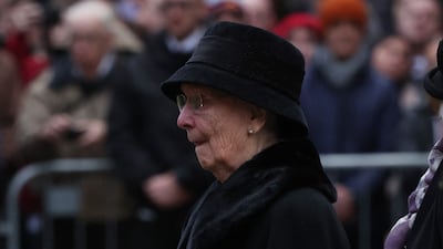 Widow of Sir Bobby Charlton, Norma Charlton, during the funeral ceremony at Manchester Cathedral. Reuters