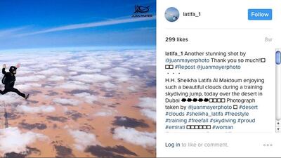 A screengrab of Sheikha Latifa bint Mohammed bin Rashid skydiving in Dubai. Courtesy Sheikha Latifa's Instagram account