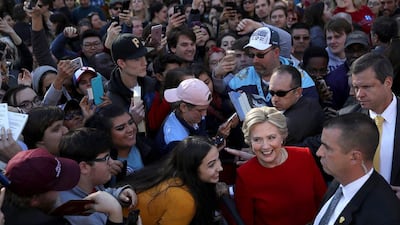 Democratic candidate Hillary Clinton greets supporters during a campaign rally in Pittsburgh, Pennsylvaniaon November 7, 2016, one day before the US presidential election. Justin Sullivan / Getty Images / AFP