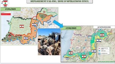 Two maps show the difference in the deployment of the Israeli and Lebanese armies in south Lebanon on January 17 and on February 17, in addition to Unifil positions