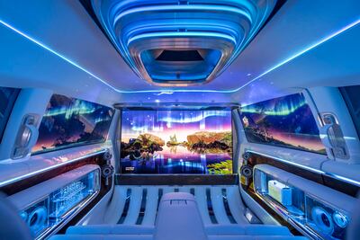 A retractable 65-inch cinema screen complete with 42-speaker surround-sound system inside the cabin. Photo: Mercedes-Benz Group AG