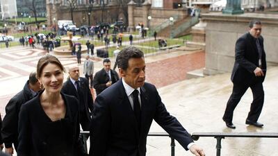 President Nicolas Sarkozy and his wife Carla Bruni arrive to address a World Leaders Forum at Columbia University in New York yesterday.
