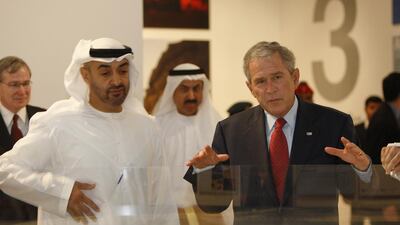 Sheikh Mohammed bin Zayed leads president George W Bush on a tour around the Saadiyat Island Cultural District Exhibition. Philip Cheung / Abu Dhabi Media Company / January 14, 2008