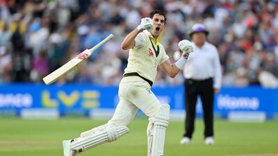 BIRMINGHAM, ENGLAND - JUNE 20: Pat Cummins of Australia celebrates after hitting the winning runs during Day Five of the LV= Insurance Ashes 1st Test match between England and Australia at Edgbaston on June 20, 2023 in Birmingham, England. (Photo by Stu Forster / Getty Images)