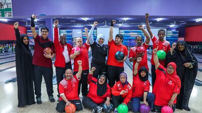The UAE Special Olympics bowling team stands for a group photo. Victor Besa / The National