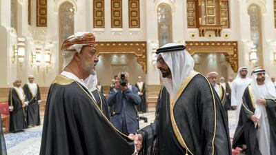 Mohamed Al Bowardi, Minister of State for Defence Affairs, offers his condolences to Sultan Haitham bin Tariq. Mohamed Al Hammadi / Ministry of Presidential Affairs