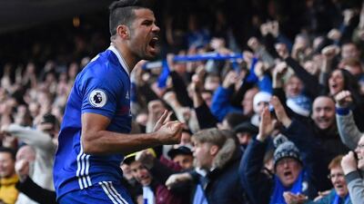 Diego Costa celebrates after scoring the only goal of the game as Chelsea defeated West Bromwich Albion 1-0 in the Premier League to reclaim top spot. Justin Tallis / AFP
