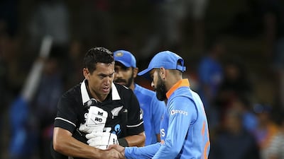 Ross Taylor shakes hands with Virat Kohli at the conclusion of the first ODI at Seddon in Hamilton. Getty Images