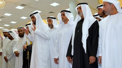 Sheikh Saif bin Zayed, Deputy Prime Minister and Interior Minister, and Sheikh Nahyan bin Mubarak, Minister of Culture, Youth and Community Development, at the funeral prayer of Mohammed Khalaf Al Mazrouei in Masjid Sultan Target, Madinat Zayed. Courtesy Security Media