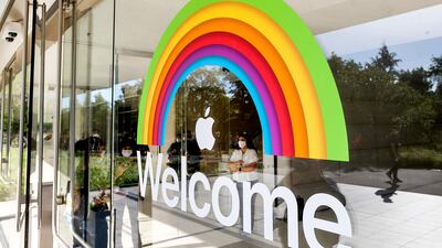 A welcome sign at the entry to Apple's headquarters in Cupertino, California, before the keynote presentation at the company's conference. AP