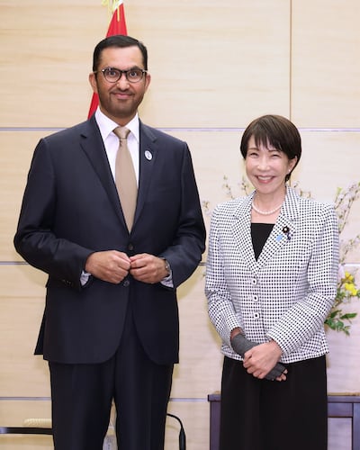 Dr Sultan Al Jaber, UAE Minister of Industry and Advanced Technology, meets Japan's Prime Minister Sanae Takaichi at her office in Tokyo. AFP