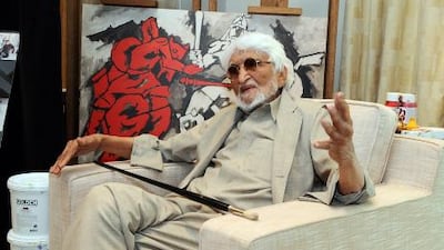 The Indian-born painter Maqbool (M) fida (F) Hussain speaking to The National at his Doha residence.