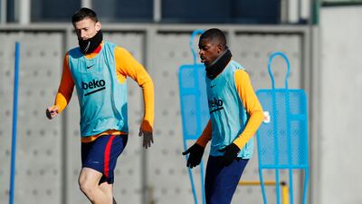 Ousmane Dembele and Clement Lenglet during Barcelona's training. Reuters
