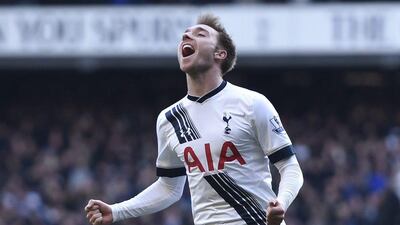 Christian Eriksen celebrates after scoring his second goal against Sunderland on Saturday in his team’s Premier League win. Toby Melville / Reuters