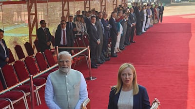 Italian Prime Minister Giorgia Meloni addresses the media with her Indian counterpart Narendra Modi during a reception in New Delhi. AFP