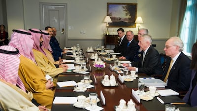 Defense Secretary Jim Mattis, center right, meets with Saudi Crown Prince Mohammed bin Salman, center left, at the Pentagon in Washington, Thursday, March 22, 2018. (AP Photo/Cliff Owen)