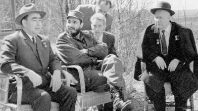 Fidel Castro with Soviet president Leonid Brezhenev, left, and premier Nikita Khrushchev, right, at the latter’s estate near Moscow on April 30, 1963. Russian president Vladimir Putin described Castro as “a sincere and reliable friend of Russia”. Itar-Tass via AP