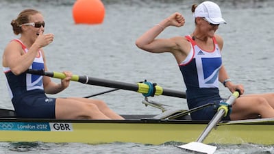 Helen Glover and Heather Stanning celebrate winning Great Britain's first gold medal at London 2012