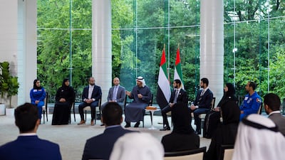 President Sheikh Mohamed said that the astronauts and the university students were the nation's "true wealth". Photo: Ryan Carter / UAE Presidential Court