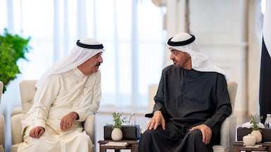 President Sheikh Mohamed receives Sheikh Saud bin Rashid Al Mualla, Ruler of Umm Al Quwain. Abdulla Al Bedwawi / UAE Presidential Court