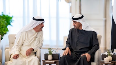 President Sheikh Mohamed receives Sheikh Saud bin Rashid Al Mualla, Ruler of Umm Al Quwain. Abdulla Al Bedwawi / UAE Presidential Court