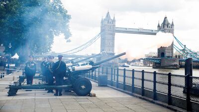 Members of the Honourable Artillery Company perform a gun salute during celebrations to mark the platinum jubilee of Britain's Queen Elizabeth II, at the Tower of London. Reuters