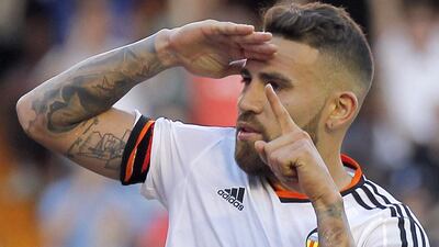 Nicolas Otamendi shown in a La Liga match season with Valencia, in which he scored against Celta Vigo. Jose Jordan / AFP / May 17, 2015