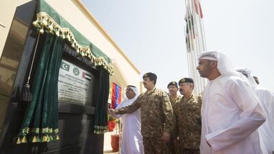 A memorial plaque was unveiled at the official opening of Cadet College Wana in South Waziristan, Pakistan, on Saturday. The military college was built by UAEPAP, at a cost of US $5.4 million. Courtesy Wam