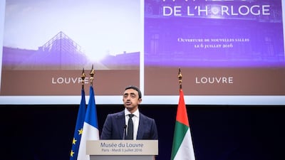 Sheikh Abdullah bin Zayed makes a speech at the Louvre museum. Christophe Petit Tesson / AFP