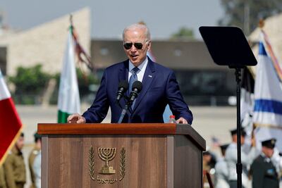 US President Joe Biden speaks at welcome ceremony at Ben Gurion International Airport in Lod, near Tel Aviv, on July 13. Reuters