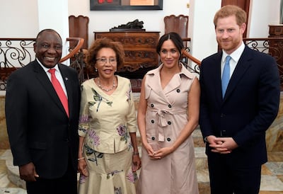 \Britain's Prince Harry, Duke of Sussex and Meghan, Duchess of Sussex, are currently on a tour of South Africa. They met with South Africa's president Cyril Ramaphosa and his wife Tshepo Motsepe at the Presidential Official Residence in Pretoria on Thursday. EPA.
