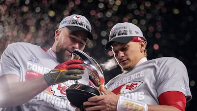 Kansas City Chiefs tight end Travis Kelce, left, and teammate quarterback Patrick Mahomes celebrate after the NFL AFC Championship playoff football game. AP Photo