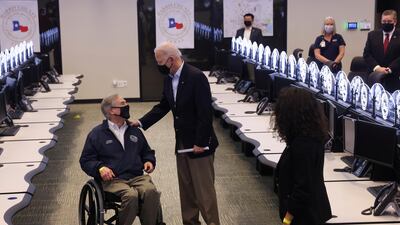 US President Joe Biden and Texas Governor Greg Abbott visit Harris County Emergency Operations Center, in Houston, Texas. Reuters