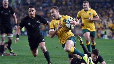 Nic White, centre, and Australia are expecting to face a resolute New Zealand side on Saturday at Eden Park in Auckland looking to deny them the Bledisoe Cup. Saeed Khan / AFP