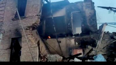 The wreckage after a school building was hit by Russian shelling in the village of Bilohorivka, Luhansk, Ukraine, May 8, 2022. Luhansk Regional Military-Civil Administration/Handout via Reuters