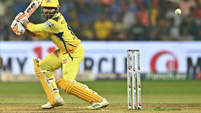 Chennai Super Kings' Ravindra Jadeja plays a shot on his way to making 42 not out. AFP
