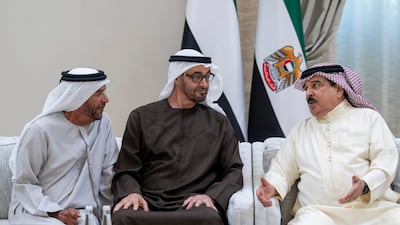 President Sheikh Mohamed receives condolences from King Hamad of Bahrain and Sheikh Suroor bin Mohammed on the death of the Sheikh Tahnoon bin Mohammed, Ruler's Representative of Al Ain Region, at Al Mushrif Palace. Hamad Al Kaabi / UAE Presidential Court