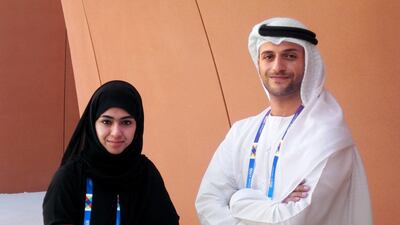Wafa Al Katheeri and Nabil Al Mana on hand at the UAE’s pavilion at the Milan Expo. Daniel Bardsley for The National