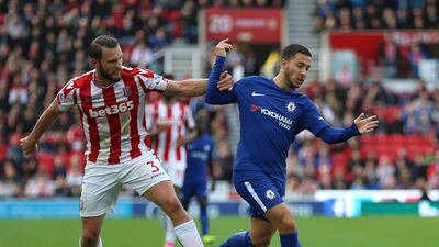 Eden Hazard, right, came on as a substitute for Chelsea in their victory at Stoke City. Nigel French / PA via AP